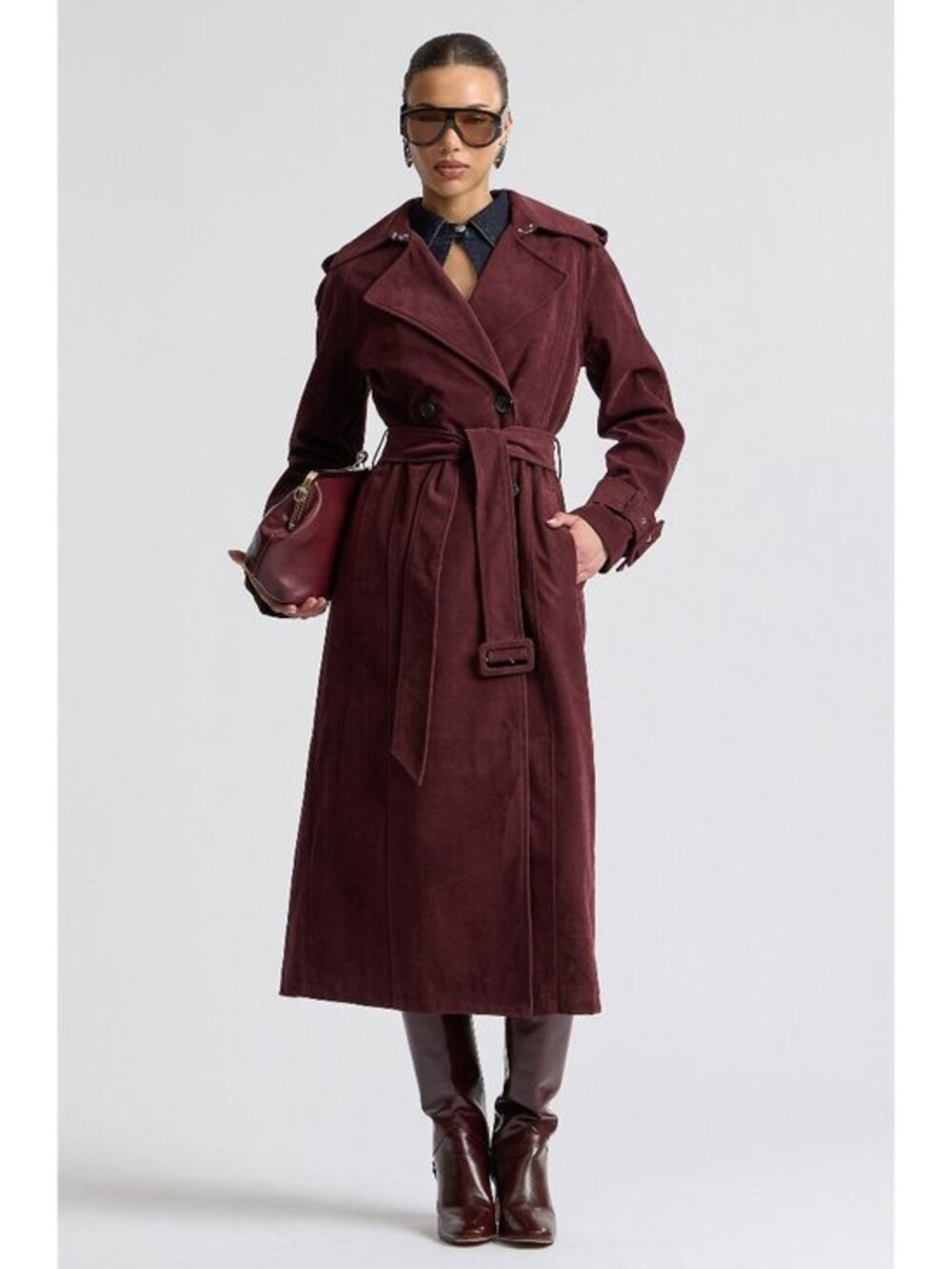 New Avec Les Filles Double Breasted Faux Suede Trench Coat Blackberry XS
